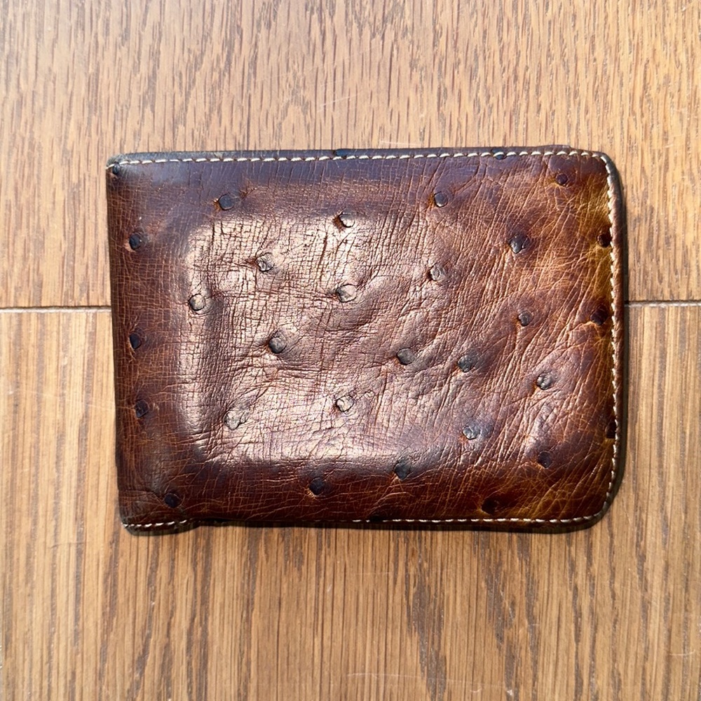 Barney’s New York Cognac Brown Tan Ostrich Slim-Fold Billfold Wallet